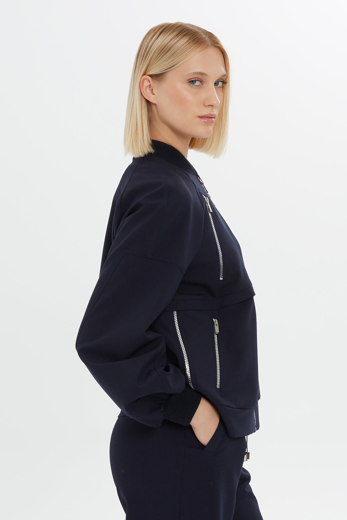 Zip-Detail Bomber Sweatshirt