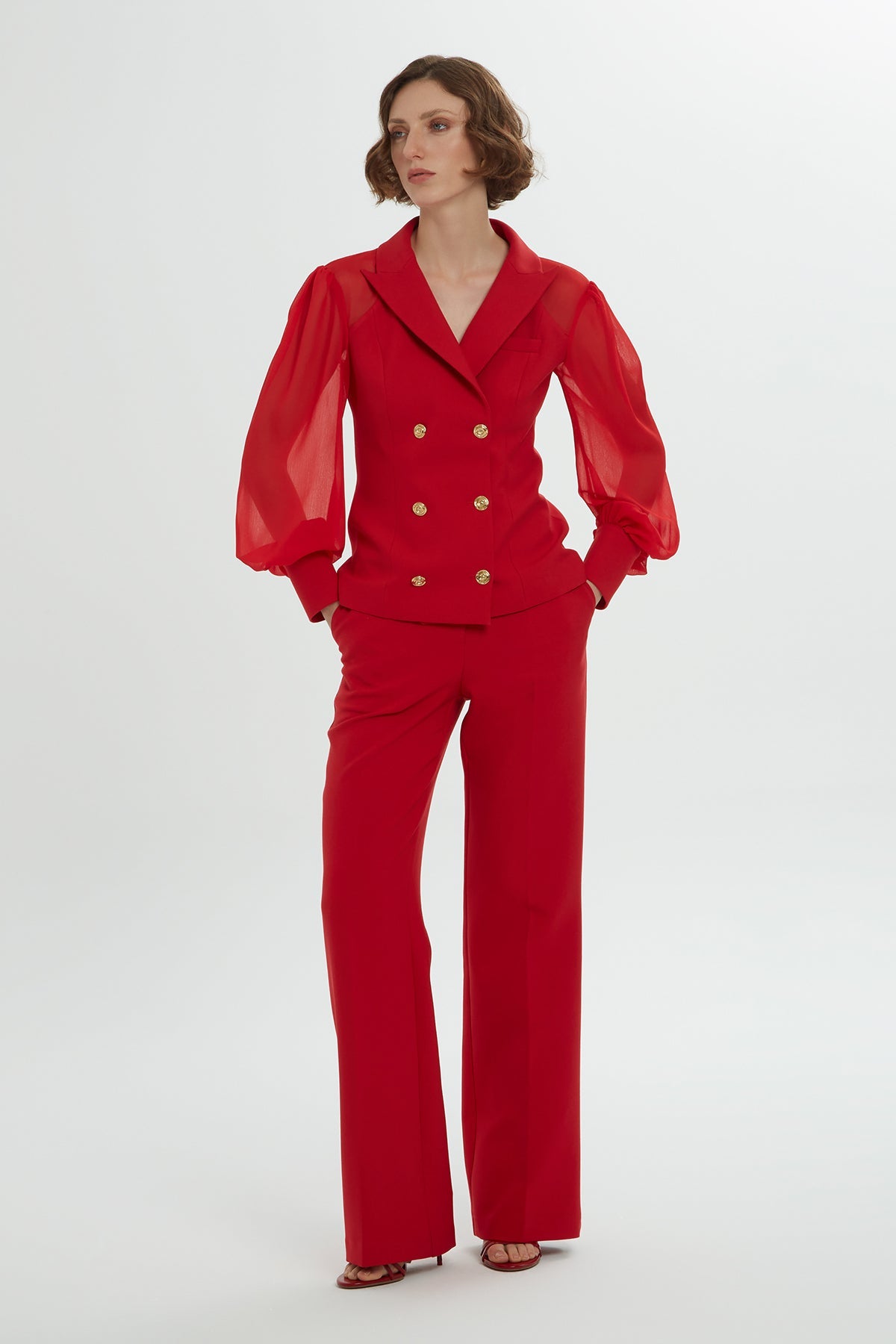 Red Chiffon-Sleeve Co-Ord Set