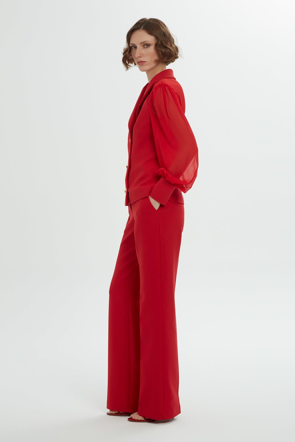 Red Chiffon-Sleeve Co-Ord Set