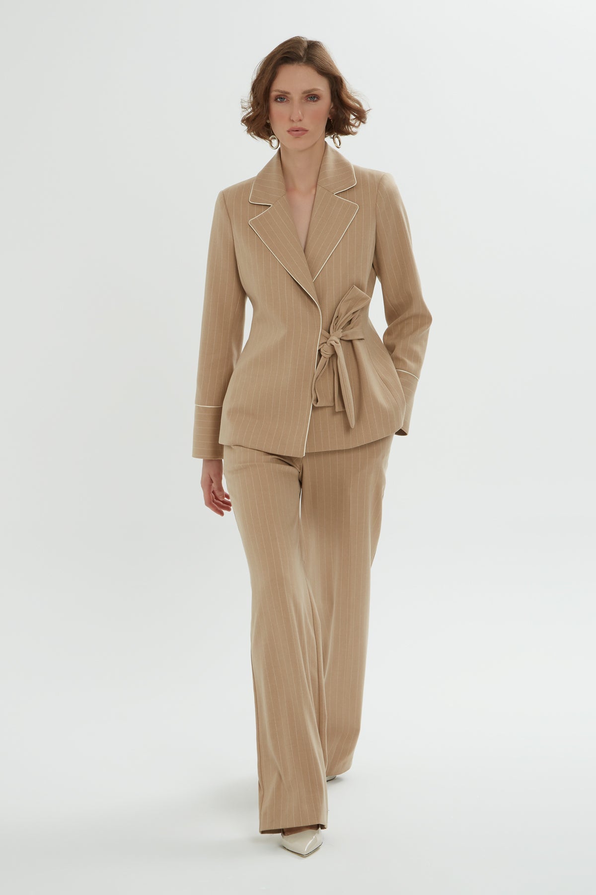 Brown Lace-Up Detail Striped Co-Ord Set