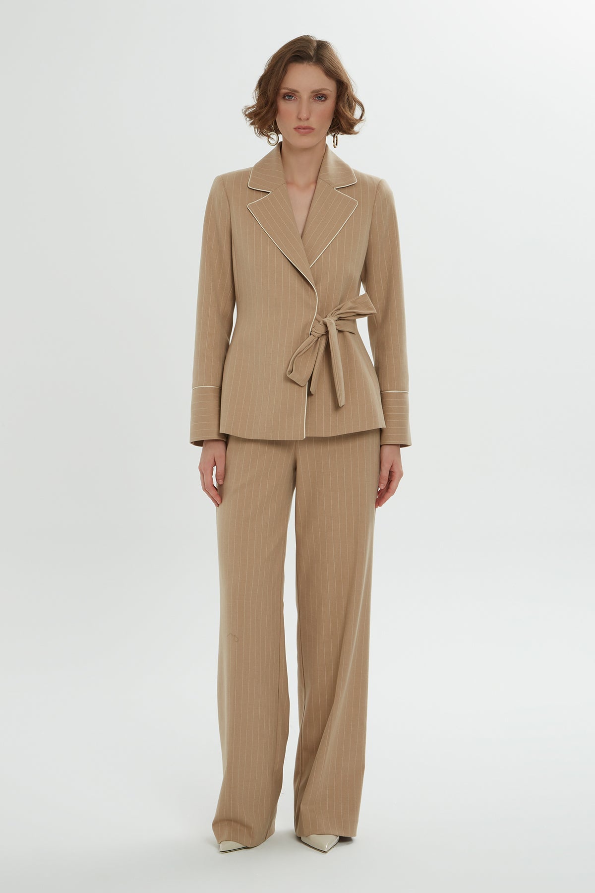 Brown Lace-Up Detail Striped Co-Ord Set