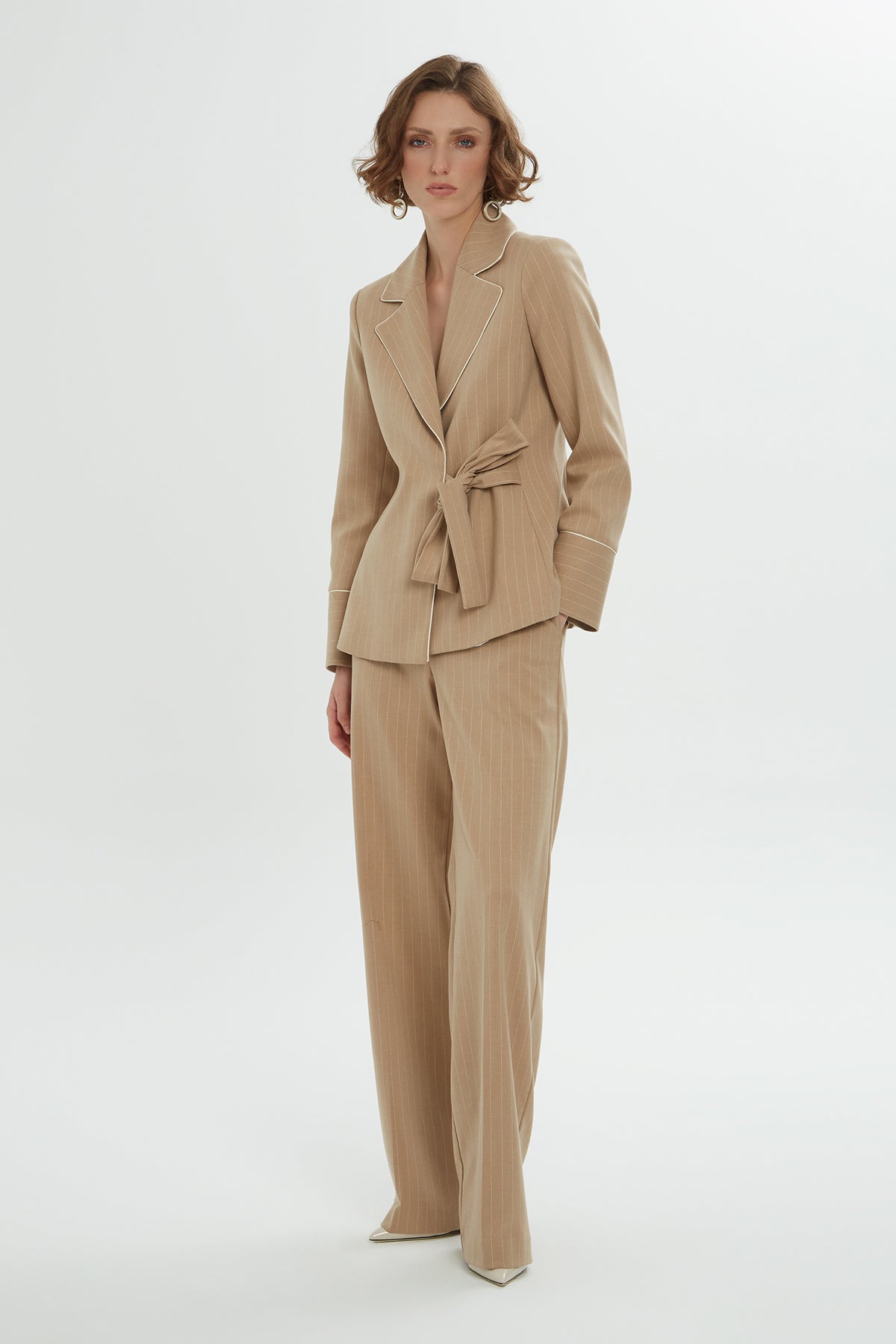 Brown Lace-Up Detail Striped Co-Ord Set