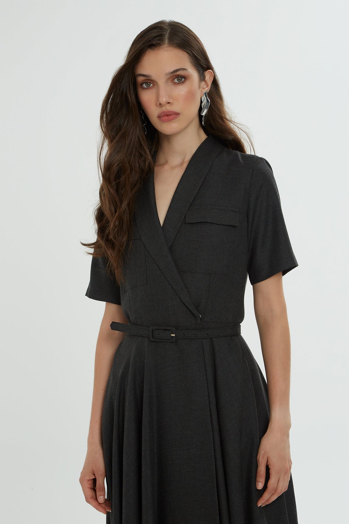 Grey Midi Dress with Belt