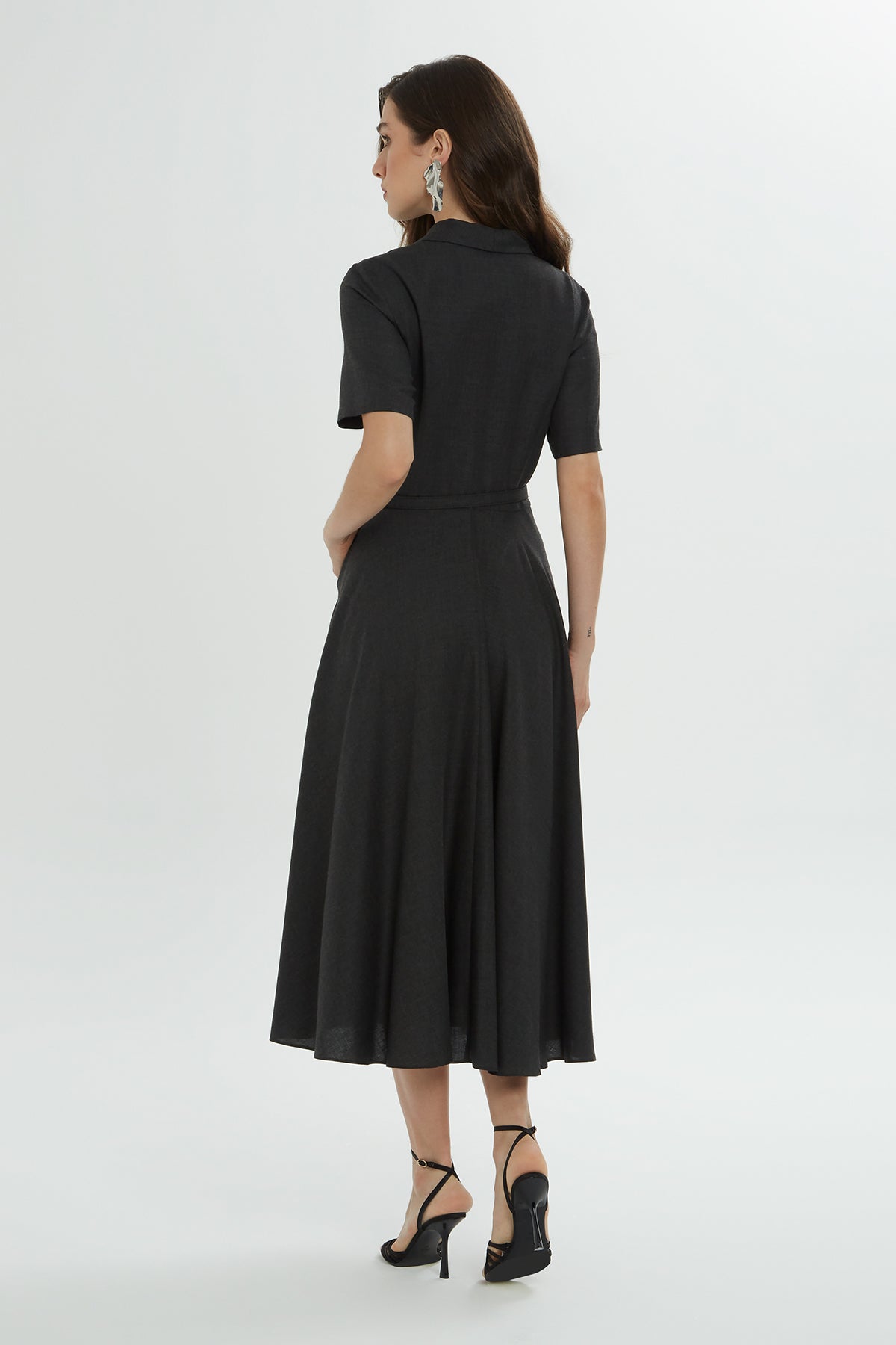 Grey Midi Dress with Belt