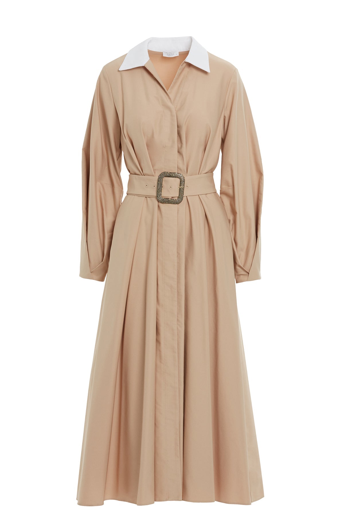 Beige Belted Long-Sleeve Maxi Dress