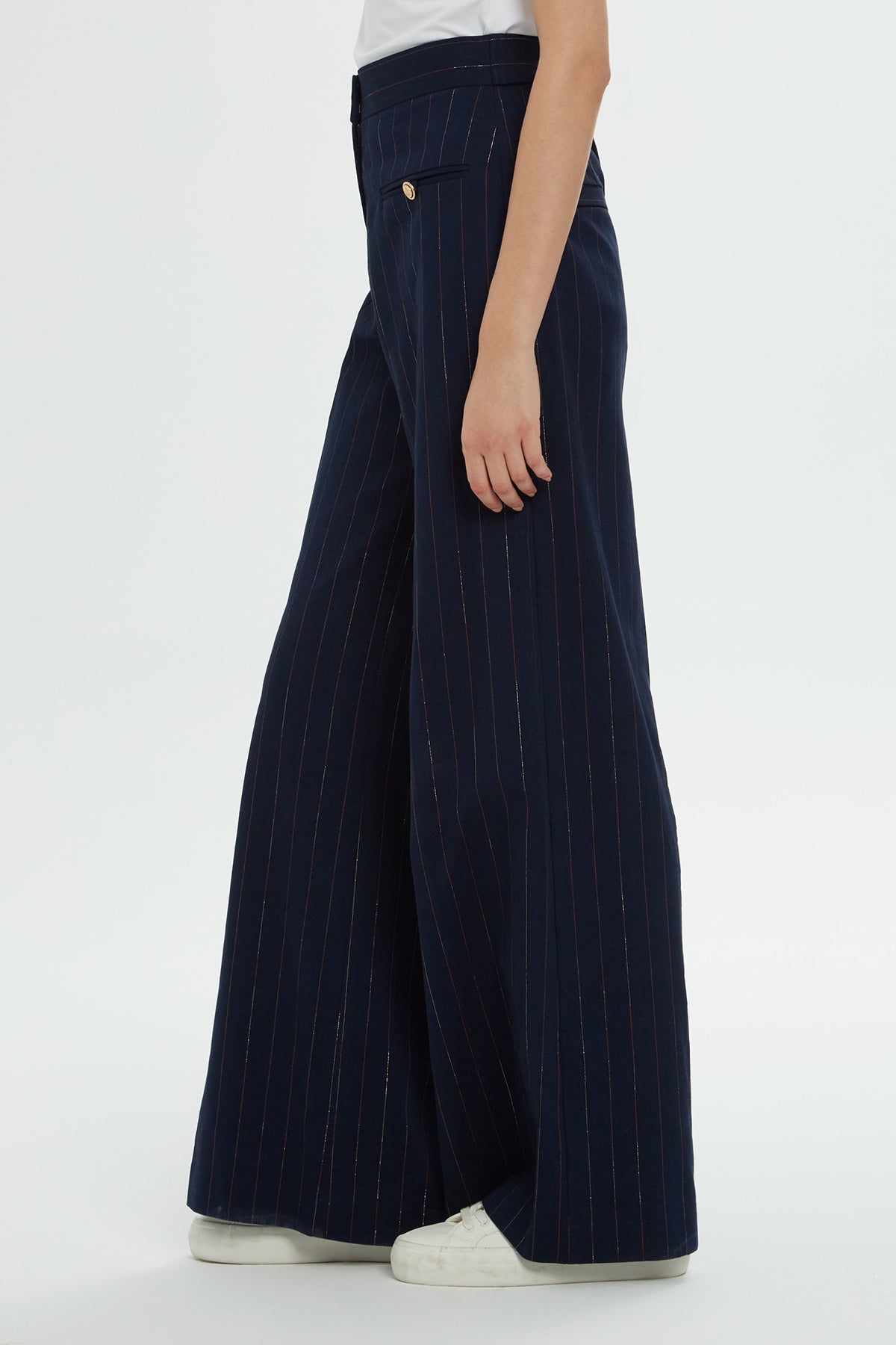 Navy Striped High-Waisted Pants