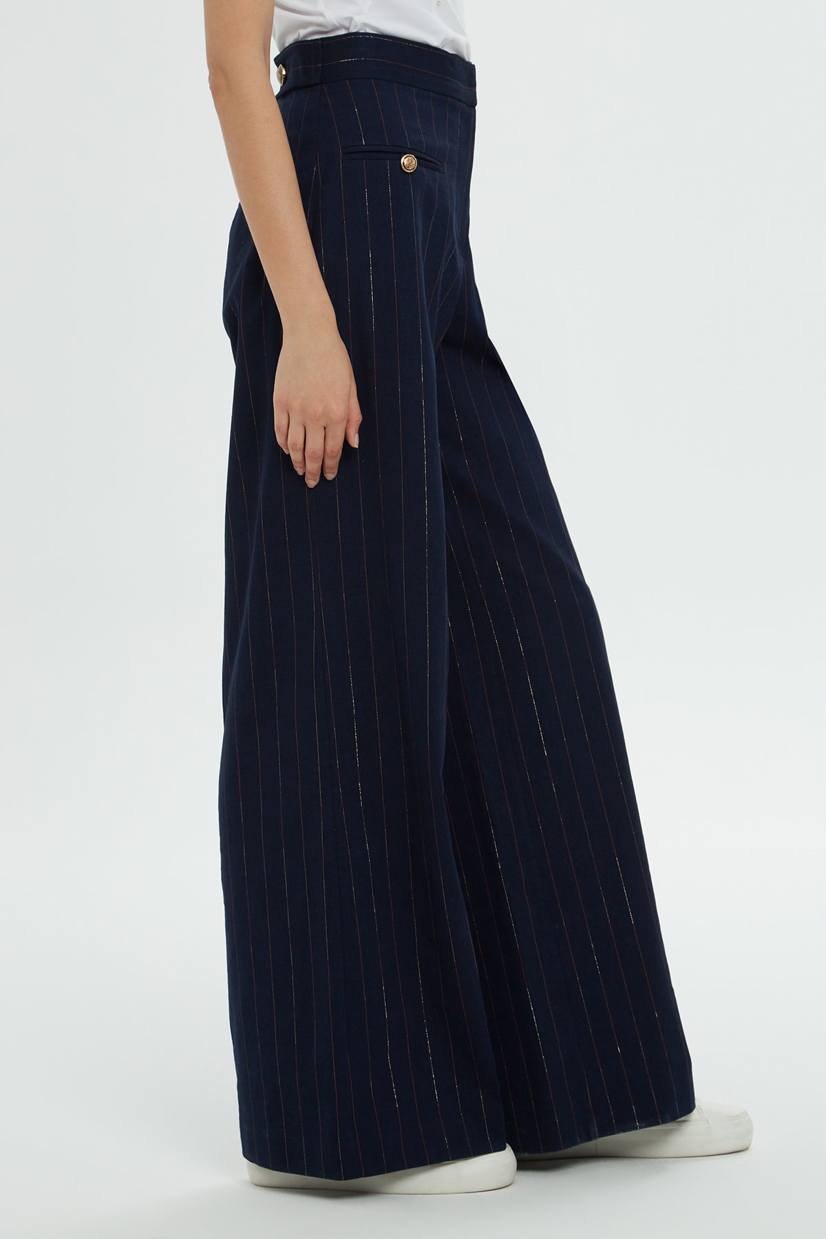 Navy Striped High-Waisted Pants