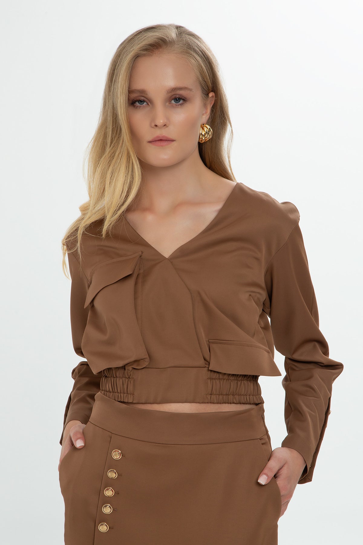Brown Zip-Up Button Detail Cropped Jacket