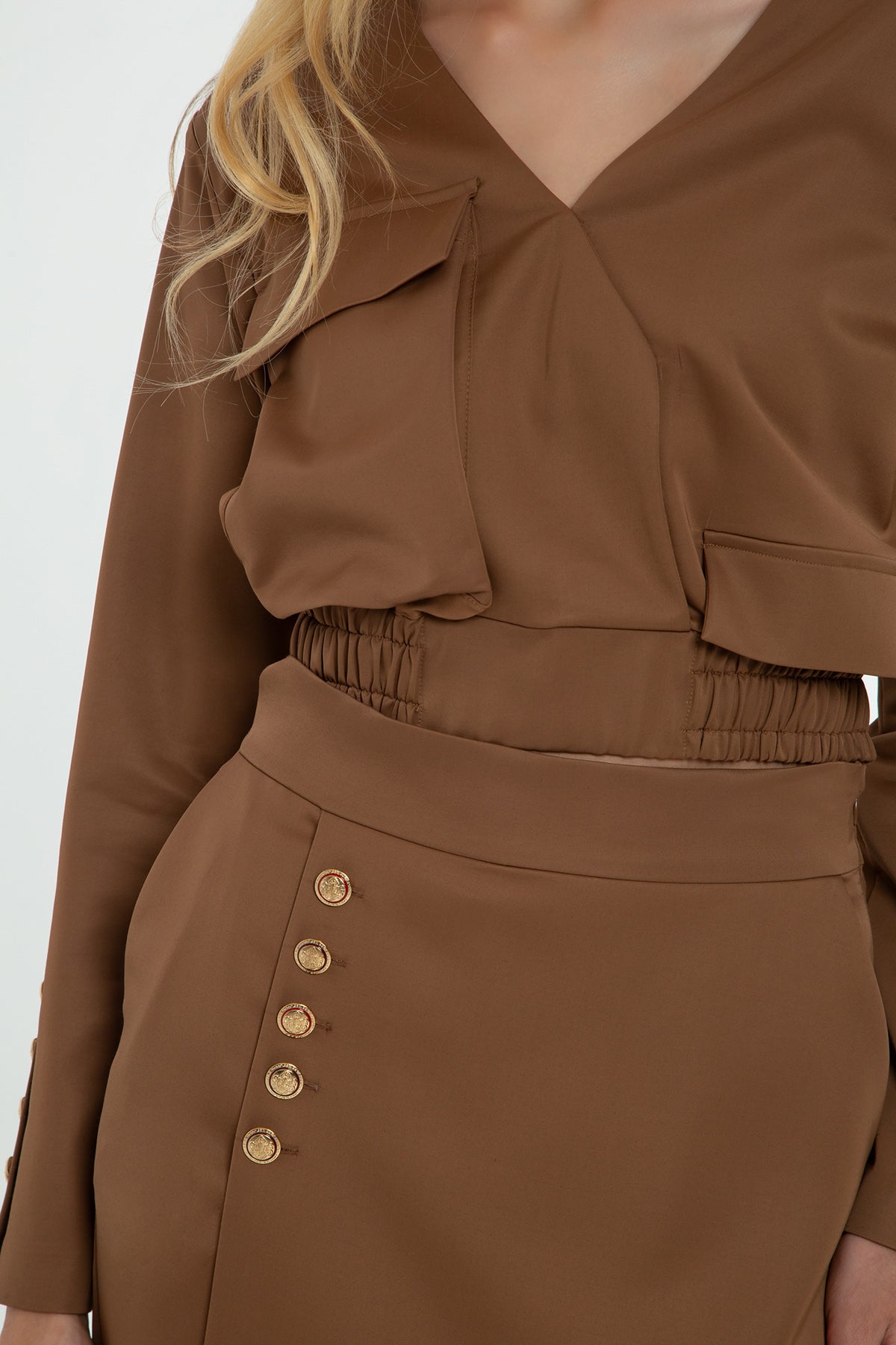 Brown Zip-Up Button Detail Cropped Jacket