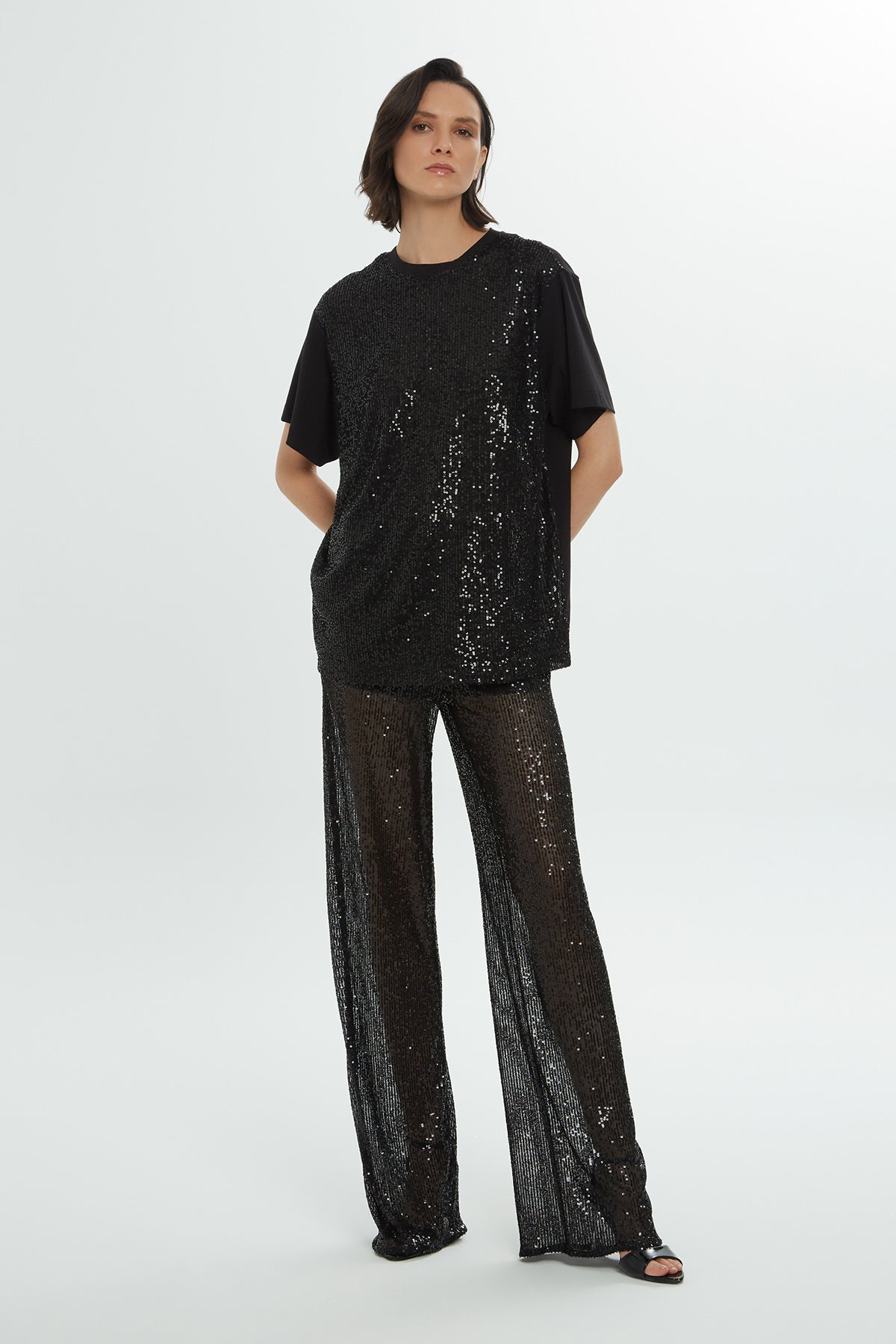 Black Short Sleeve Sequin Blouse