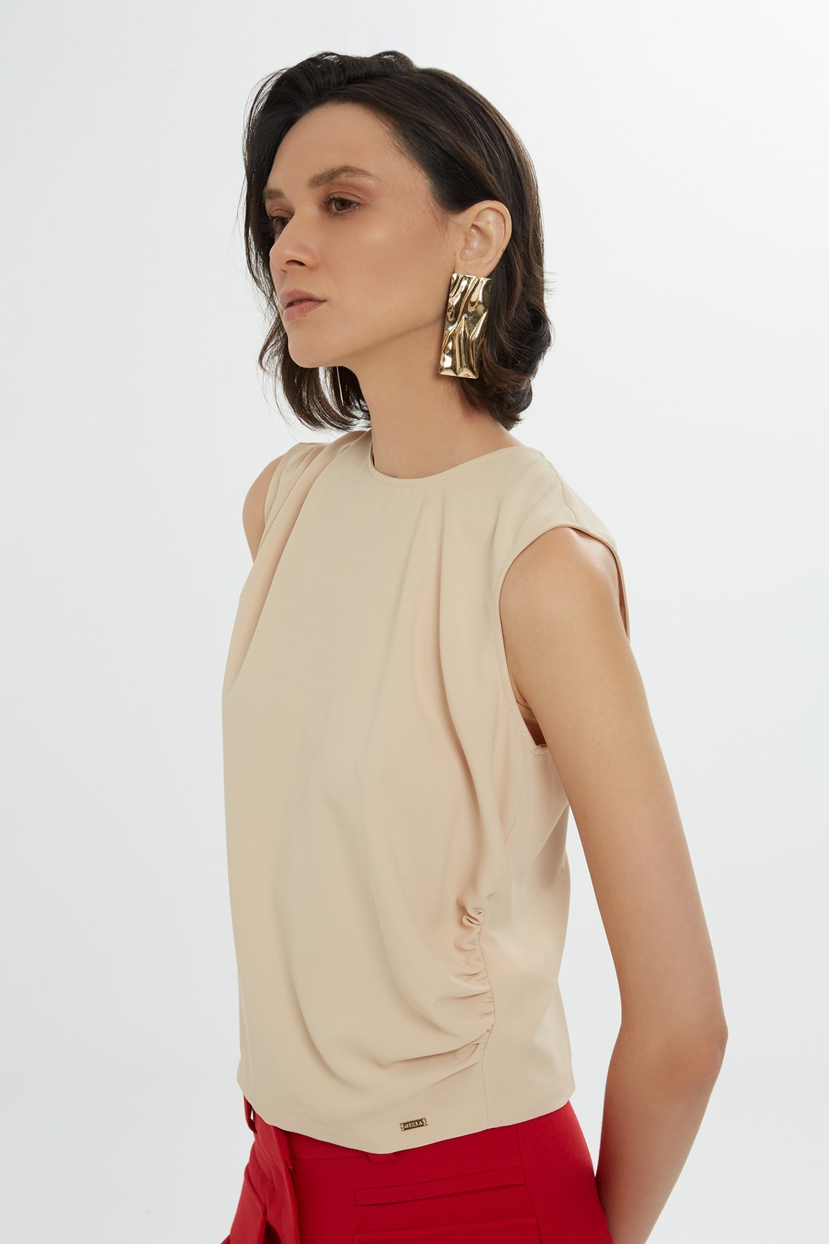 Beige Short-Sleeve Zip-Back Draped Blouse