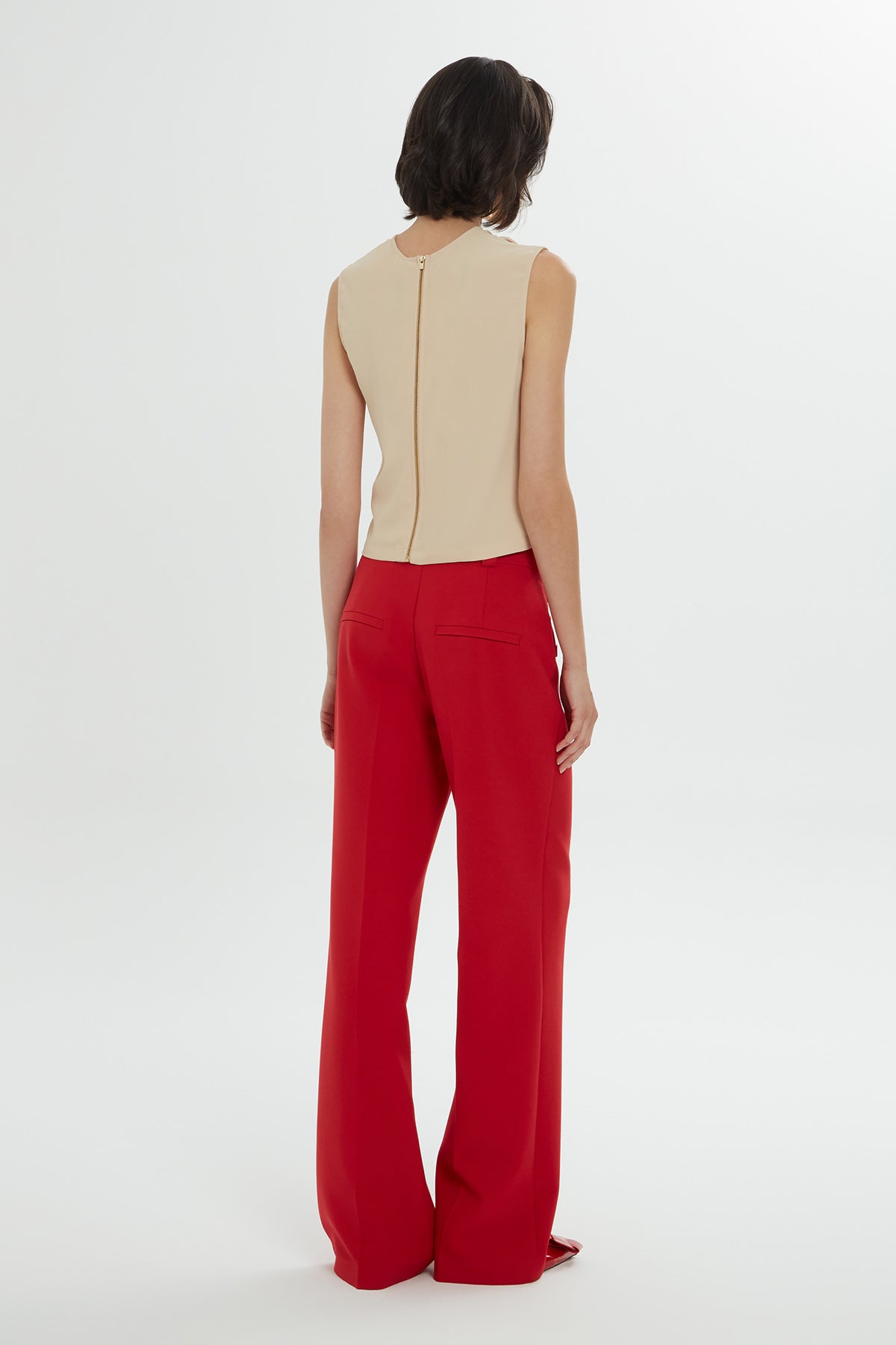 Beige Short-Sleeve Zip-Back Draped Blouse