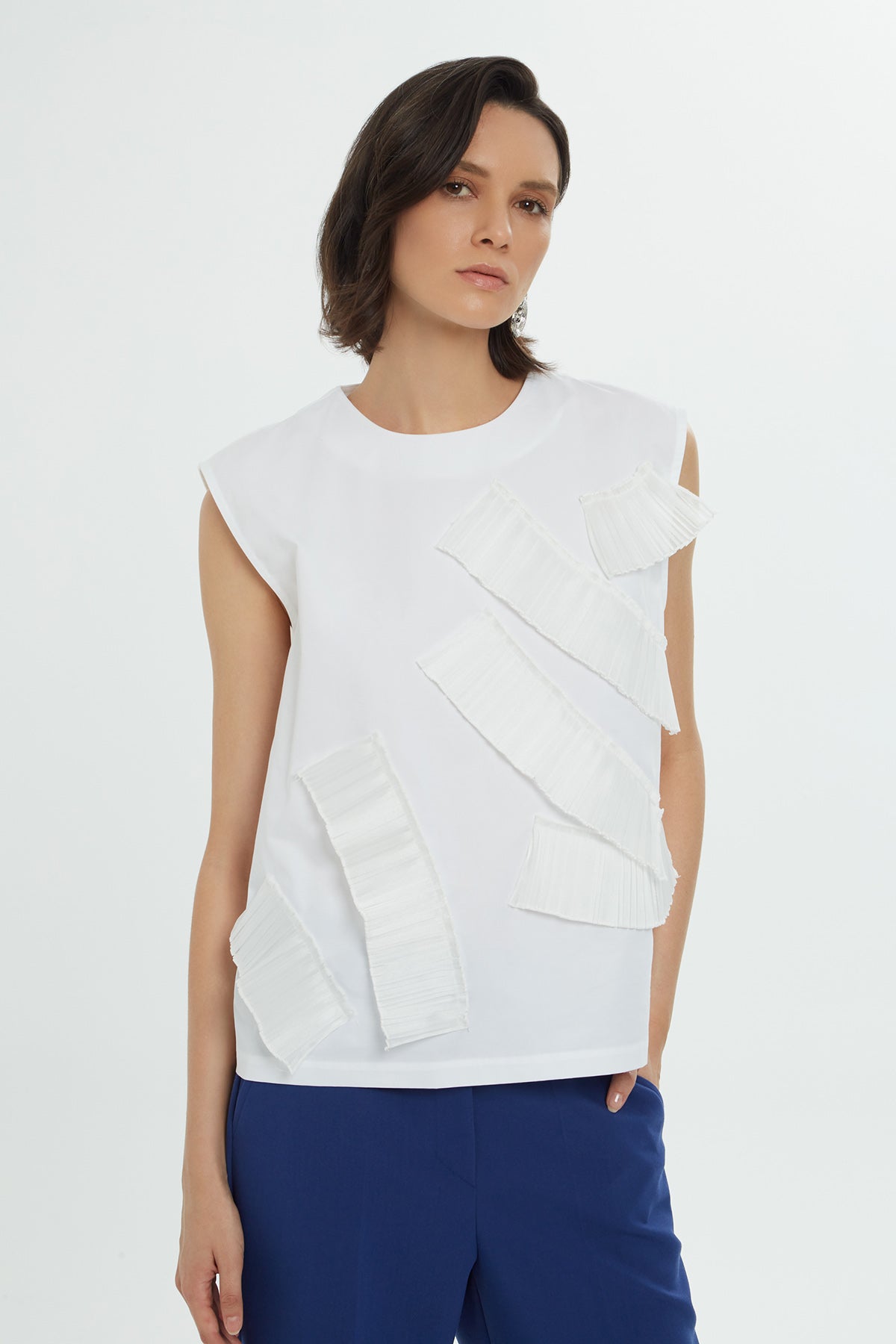 White Pleated Panel Sleeveless Blouse