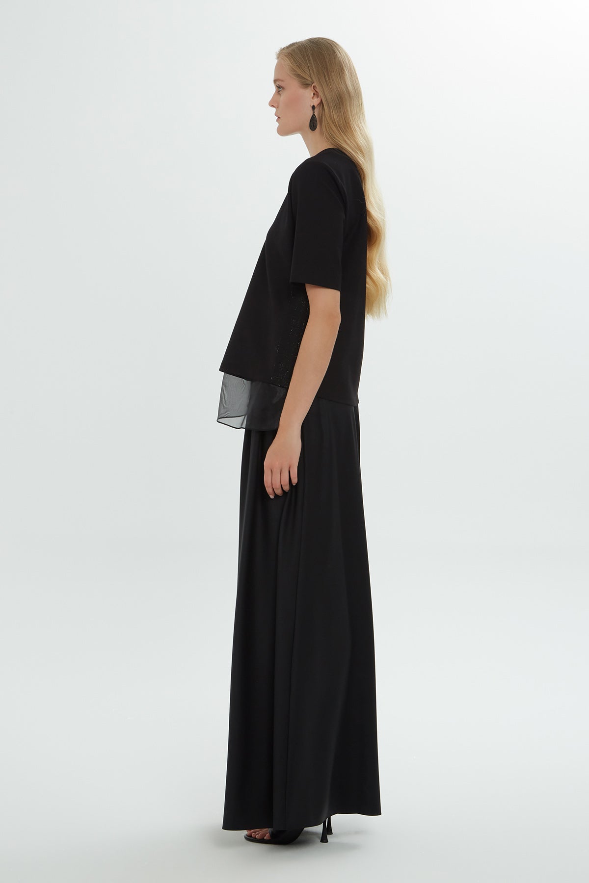 Black Organza Panel V-Neck Blouse