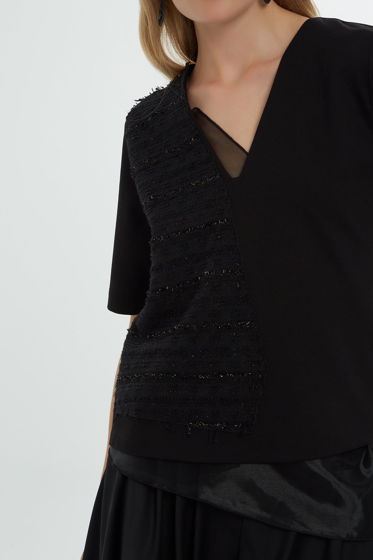Black Organza Panel V-Neck Blouse