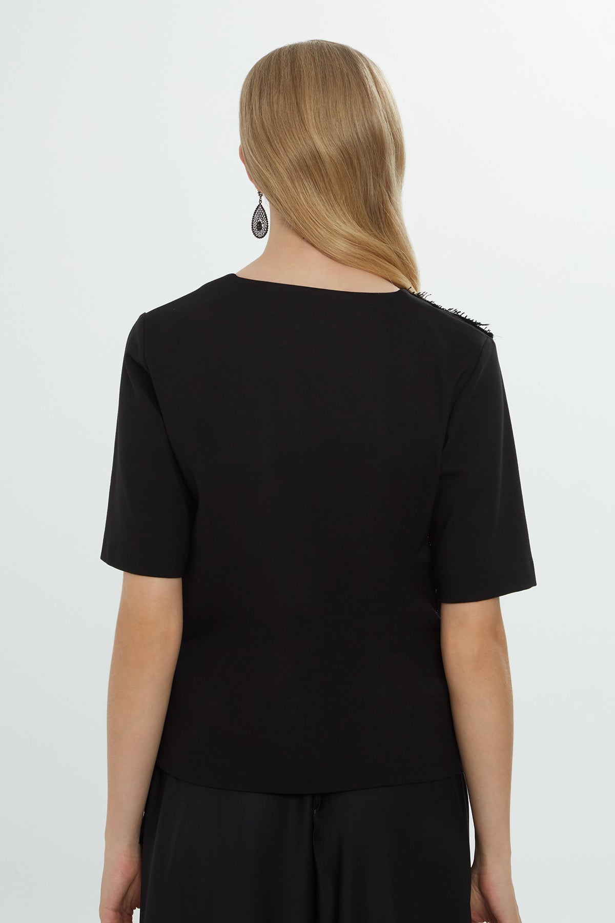 Black Organza Panel V-Neck Blouse