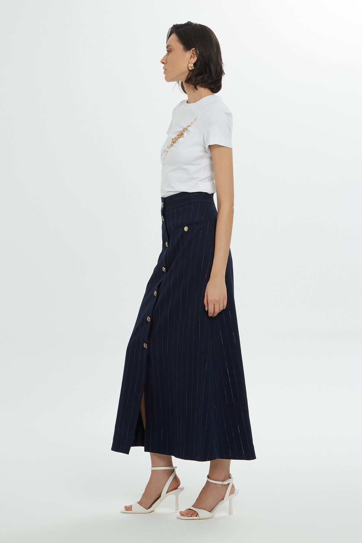 Navy Striped Cotton Midi Skirt