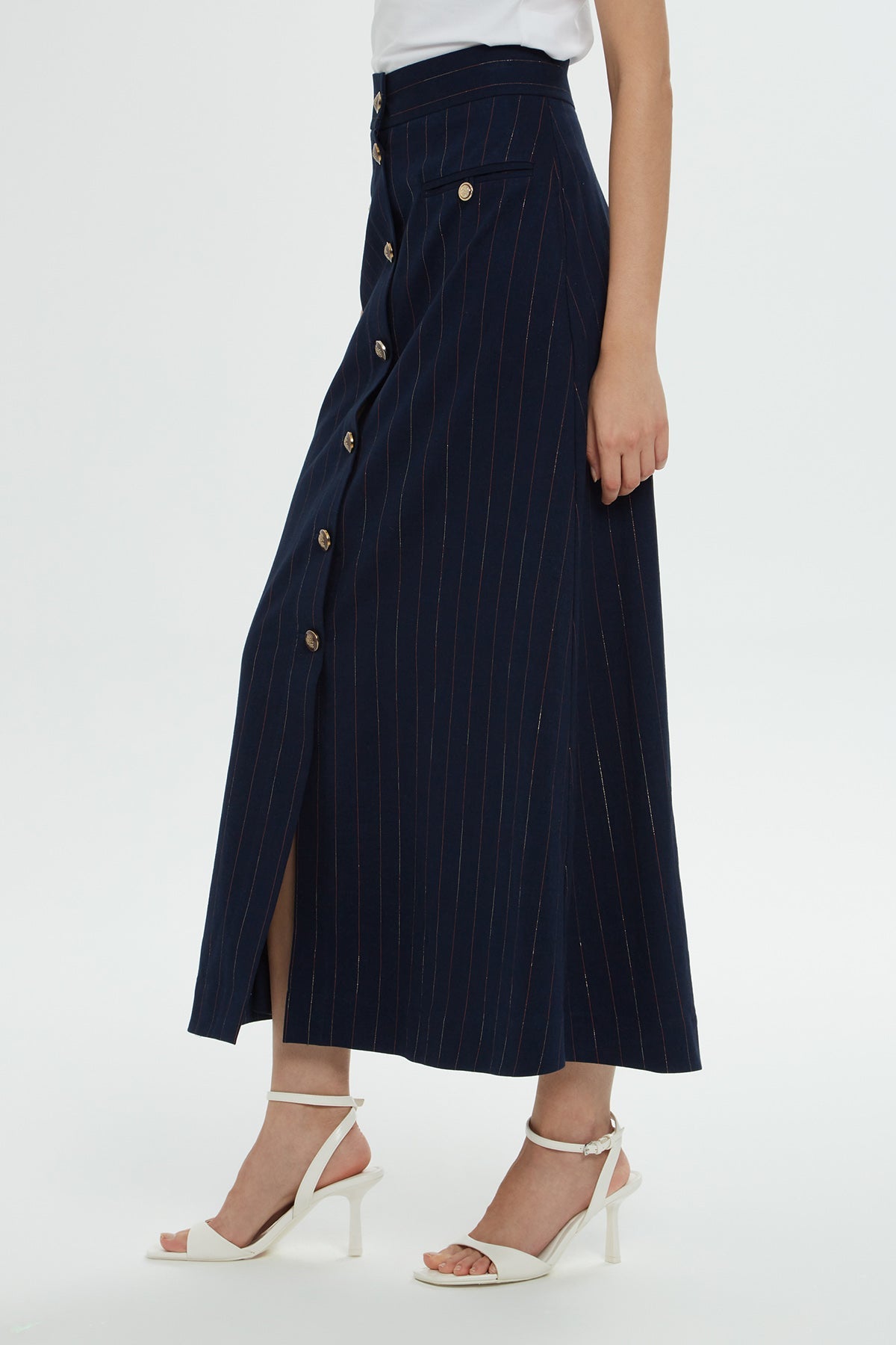 Navy Striped Cotton Midi Skirt