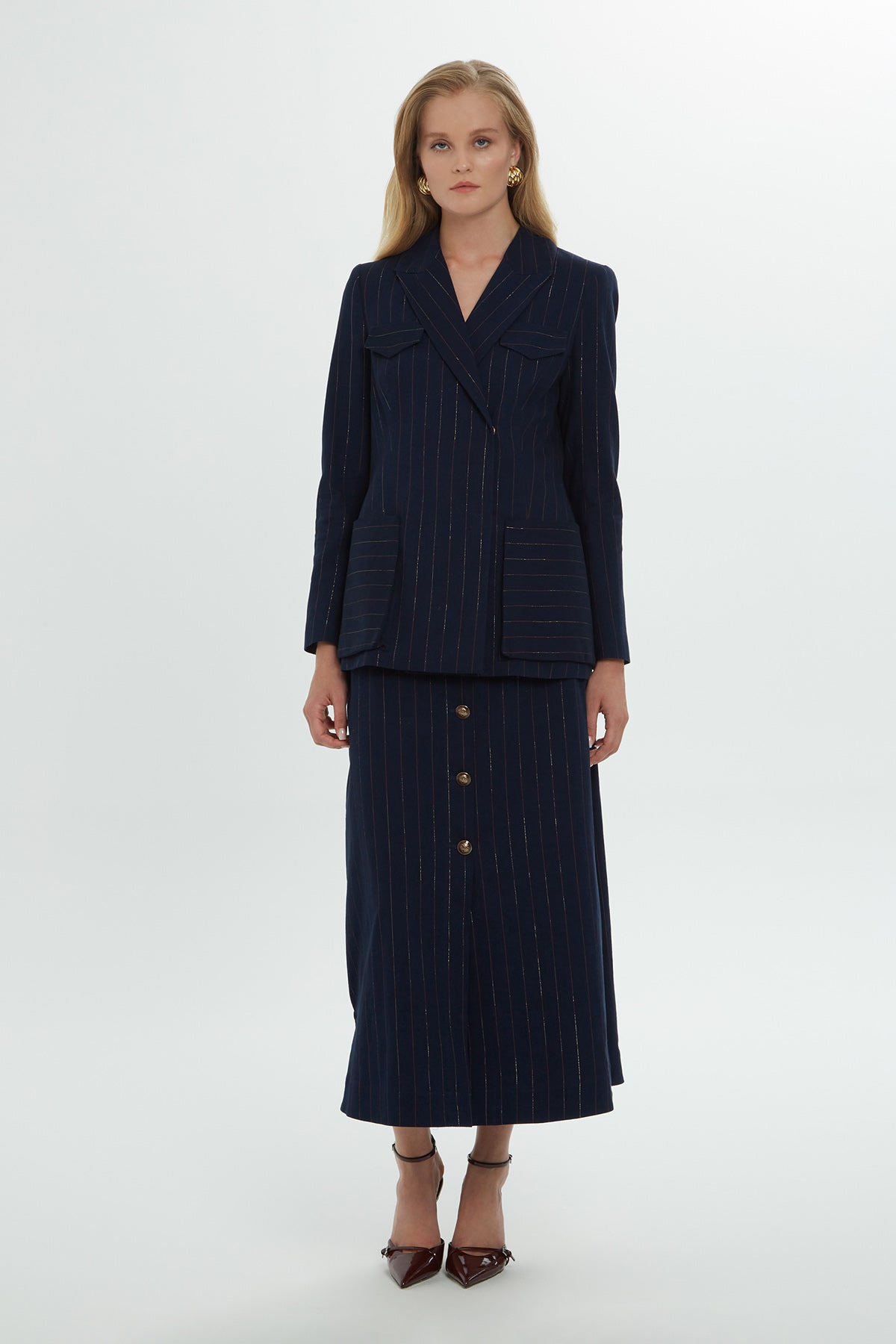 Striped Button-Sleeve Blazer