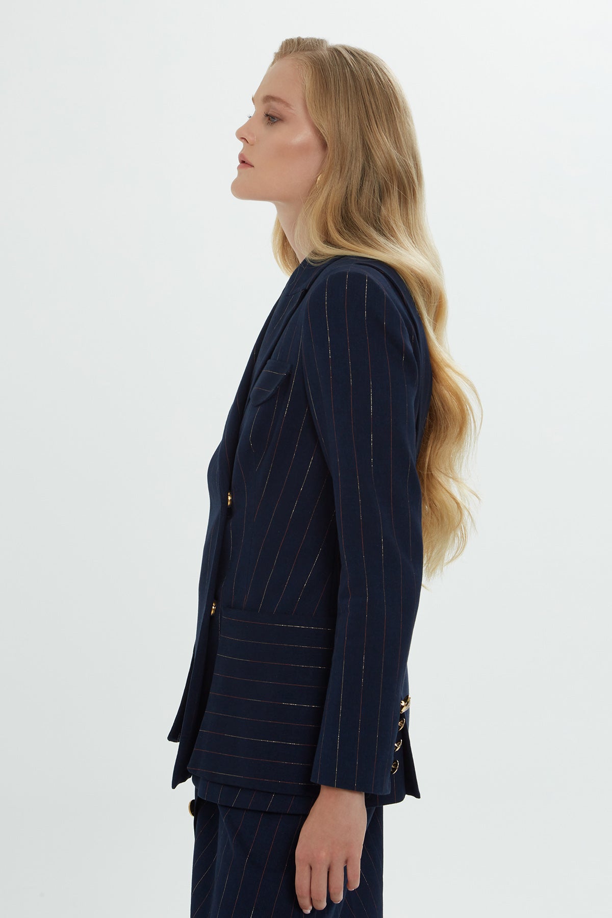 Striped Button-Sleeve Blazer