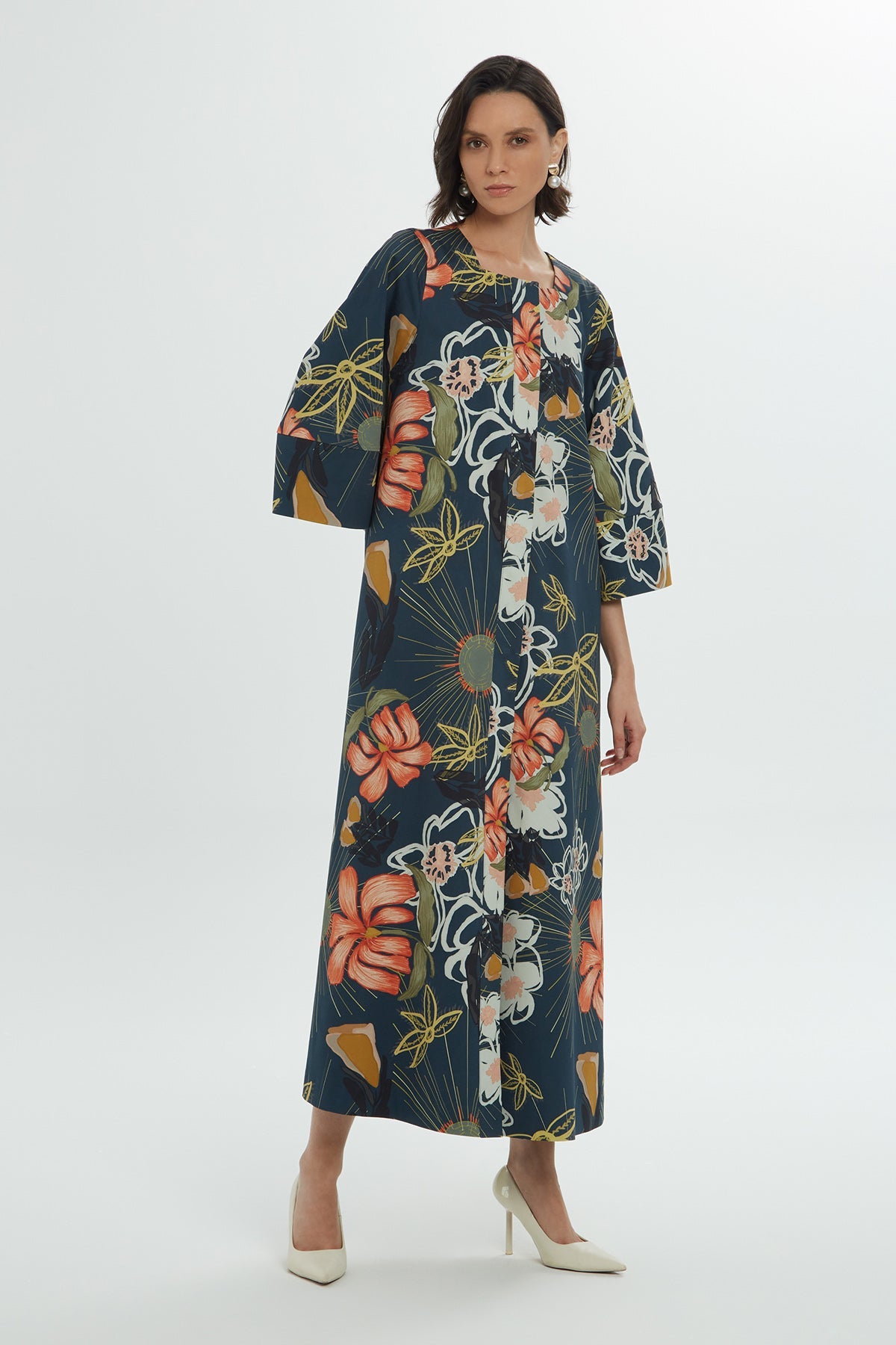 Navy Floral-Patterned Midi Dress