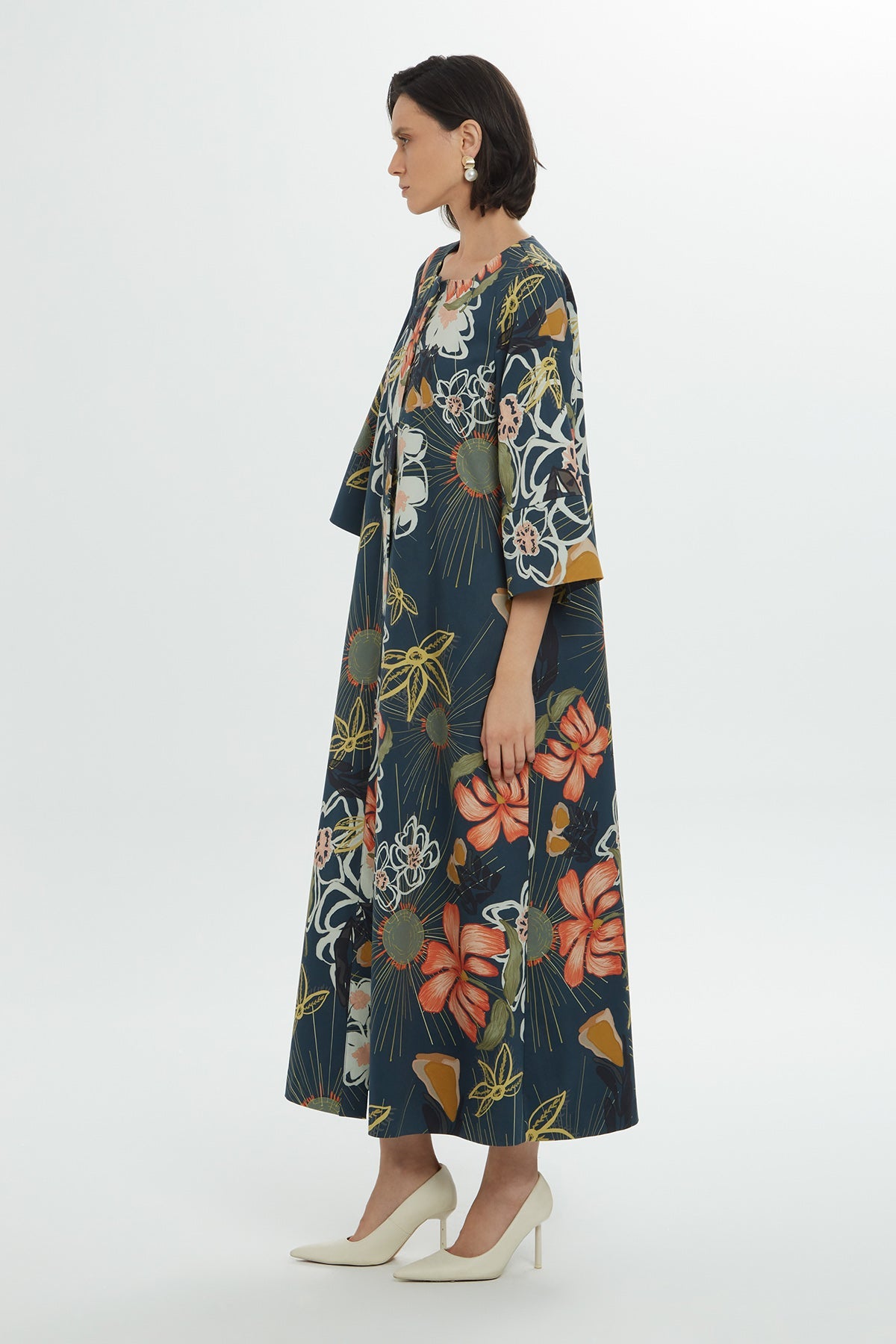 Navy Floral-Patterned Midi Dress