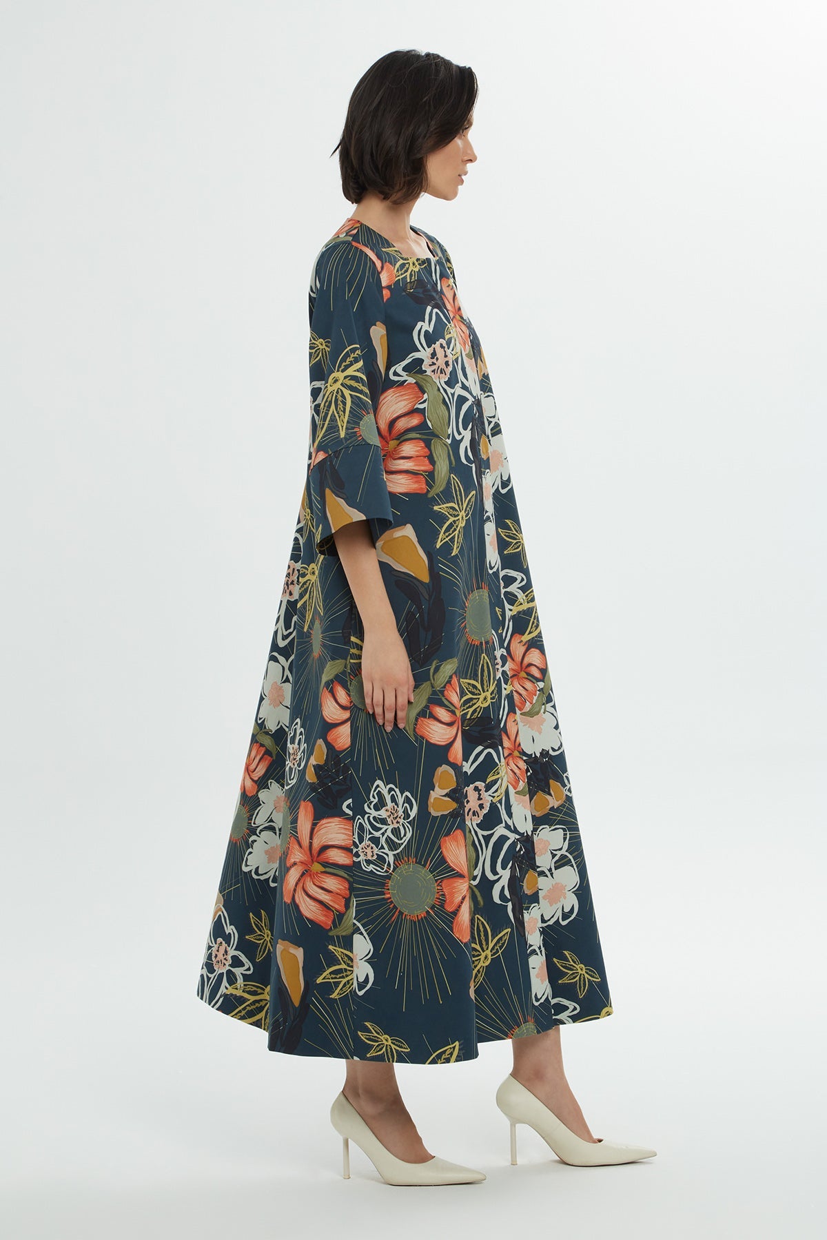 Navy Floral-Patterned Midi Dress