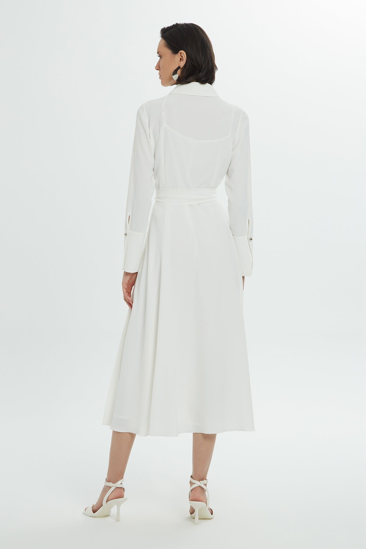 Ecru Sash-Detail Patterned Midi Dress