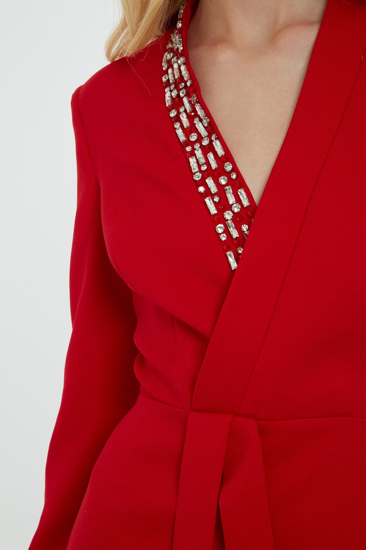 Red Embroidered-Collar V-Neck Maxi Dress