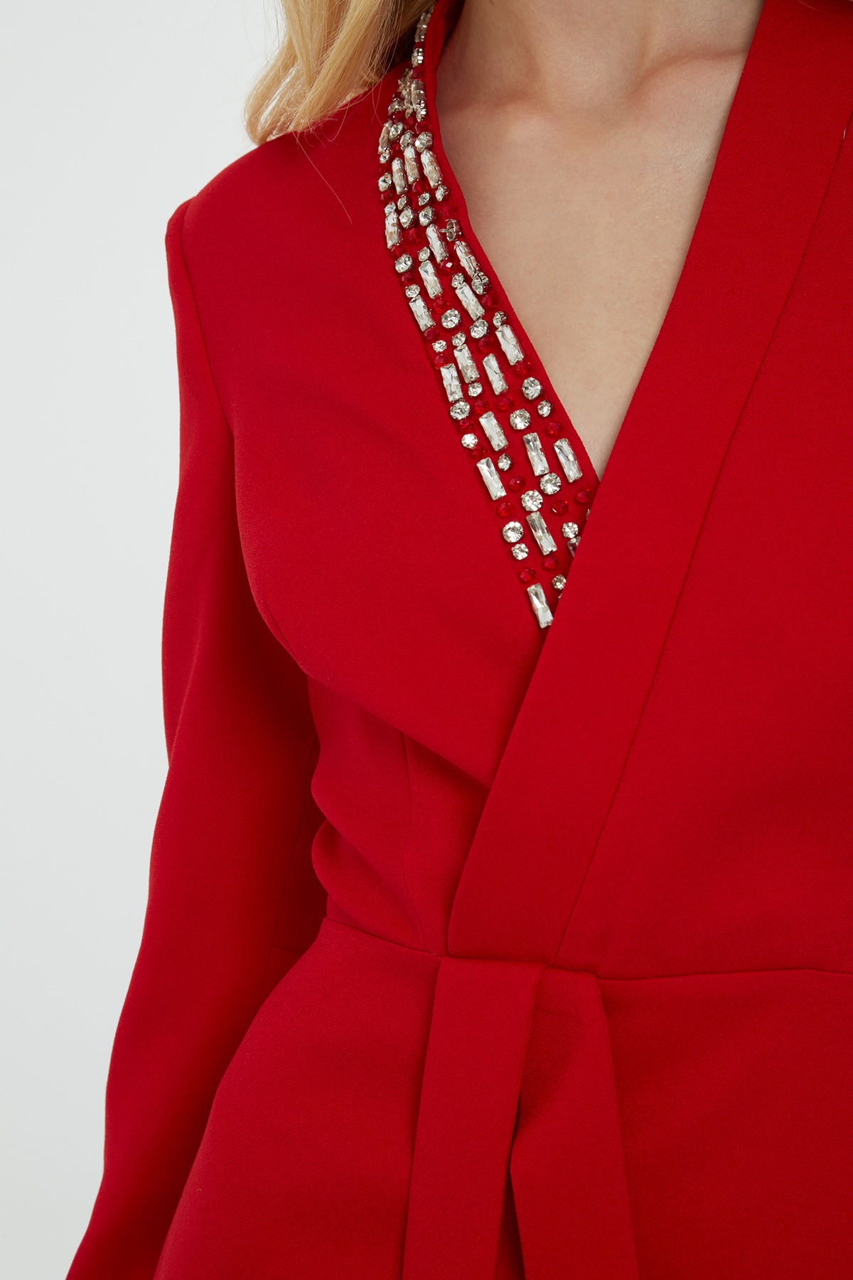 Red Embroidered-Collar V-Neck Maxi Dress