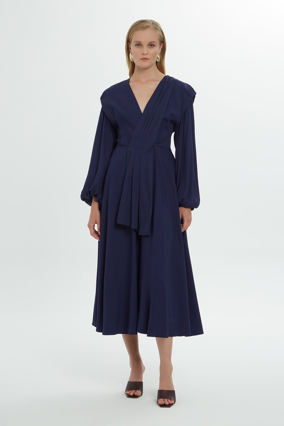 Navy V-Neck Midi Dress