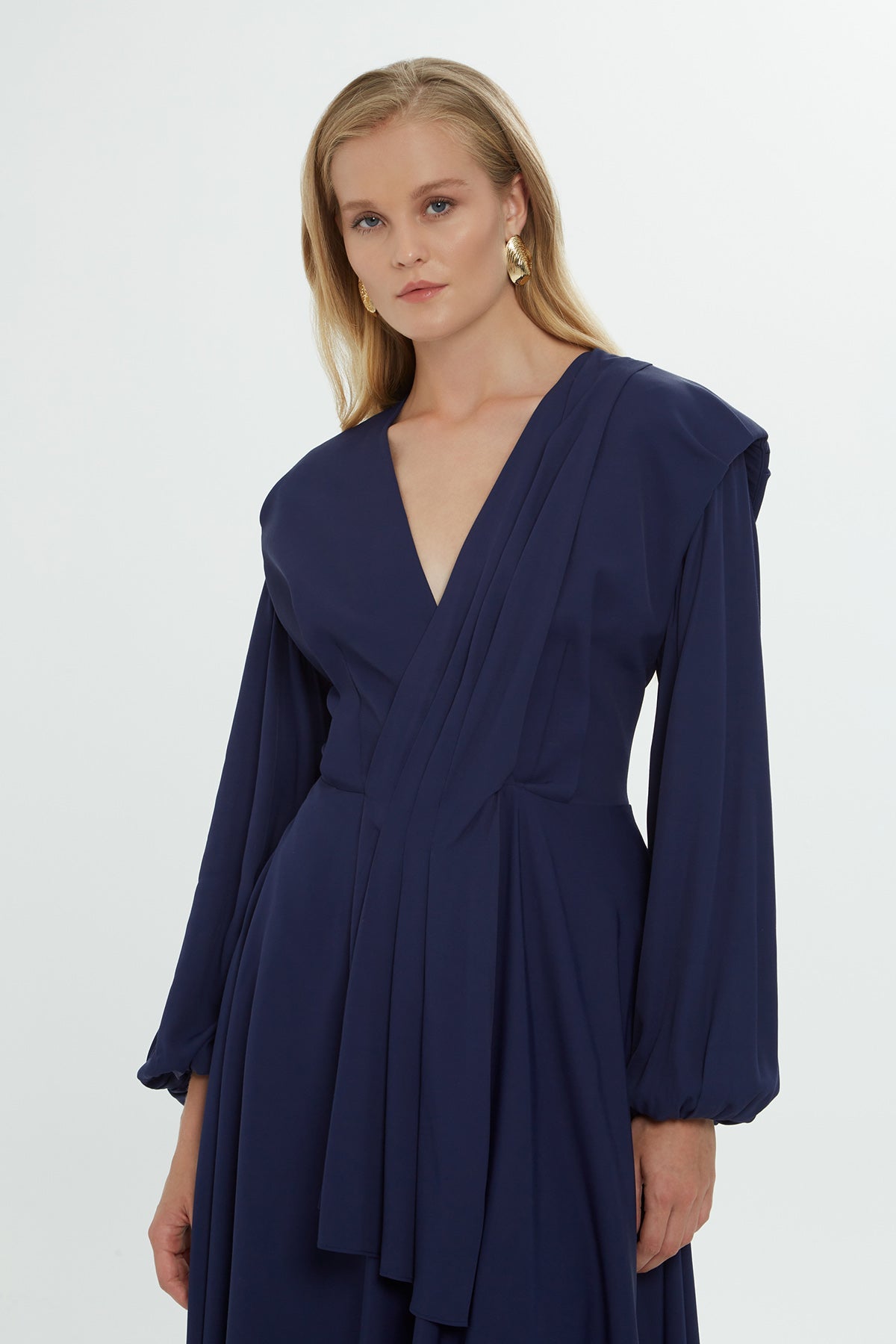 Navy V-Neck Midi Dress