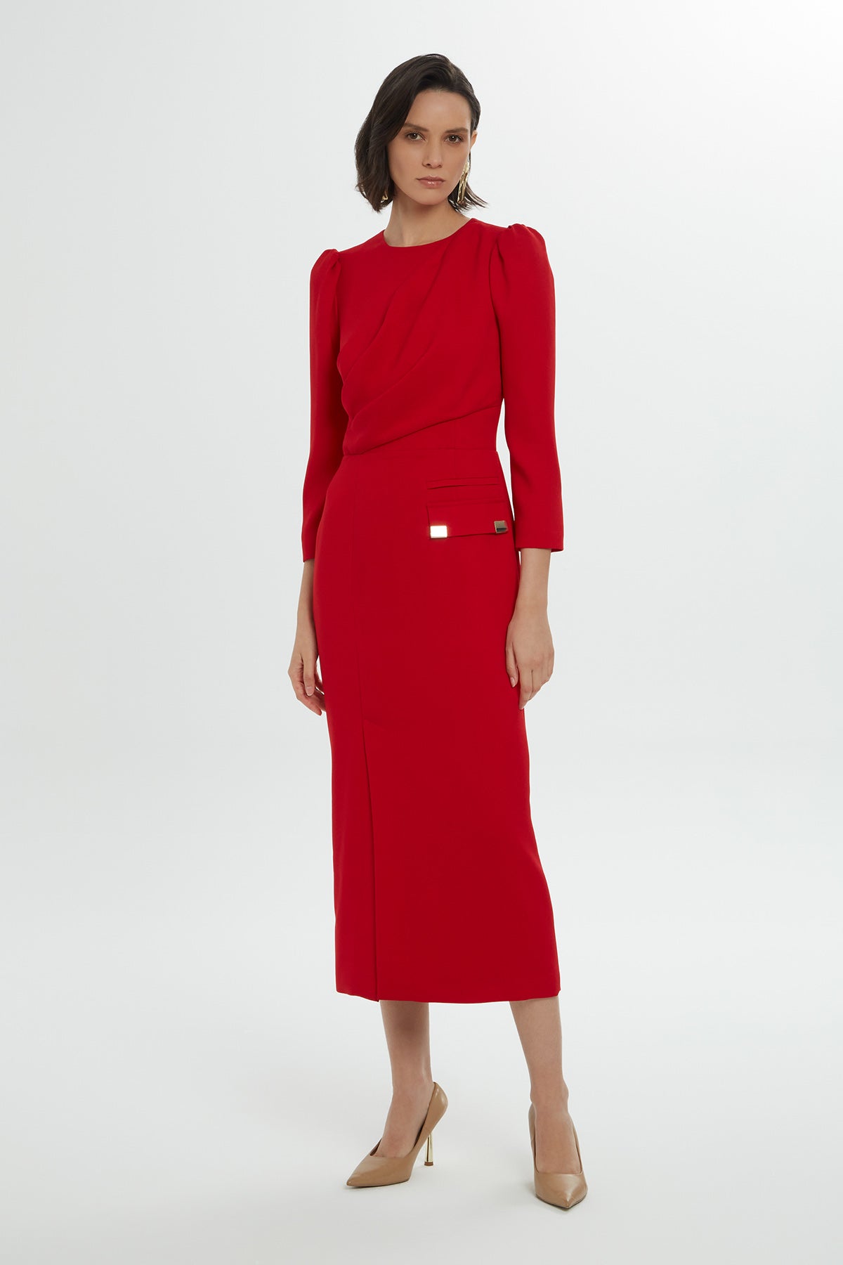 Red Midi Long Sleeved Dress