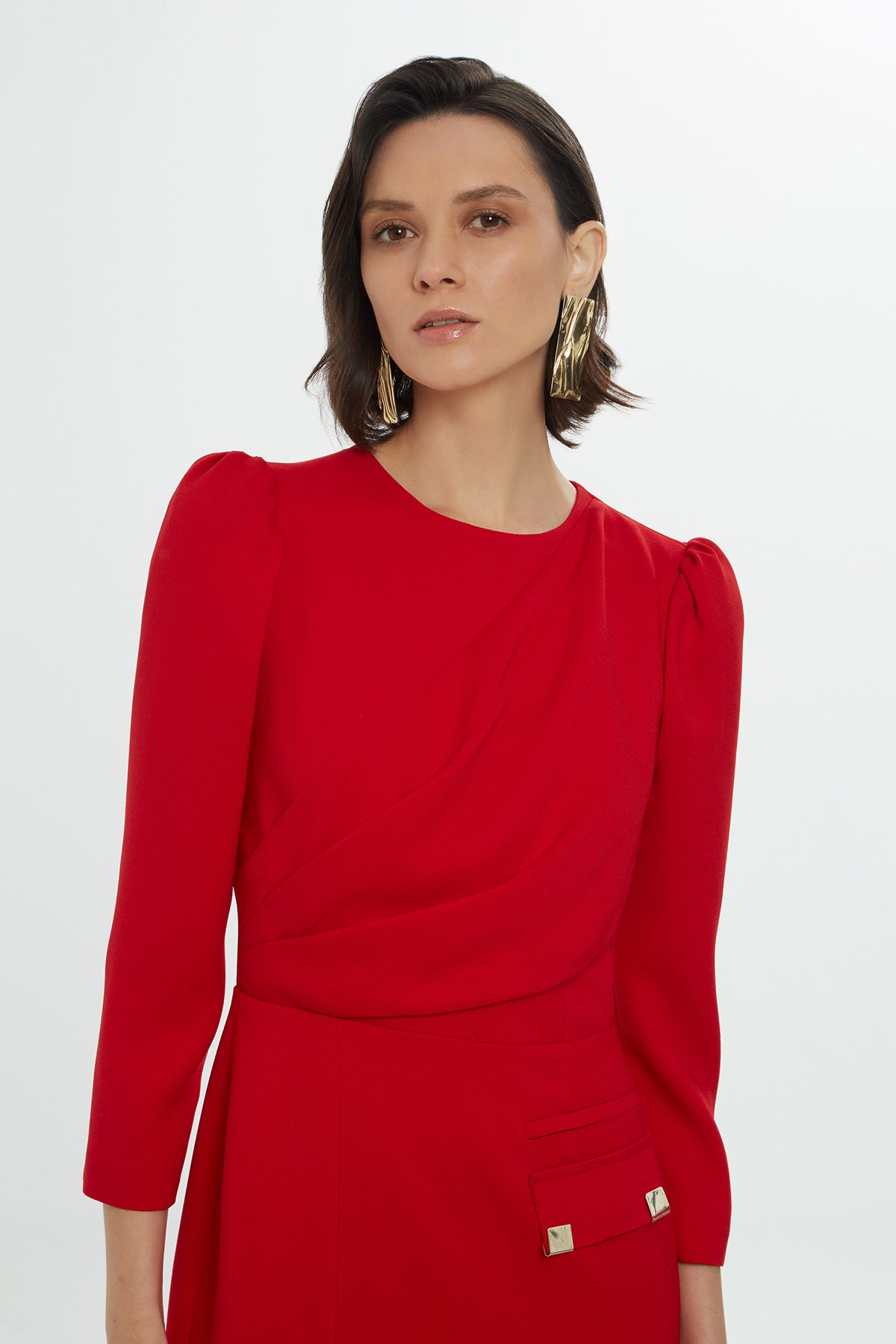 Red Midi Long Sleeved Dress