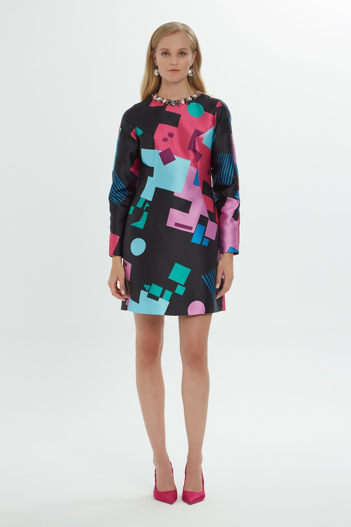 Patterned Embroidered-Collar Mini Dress