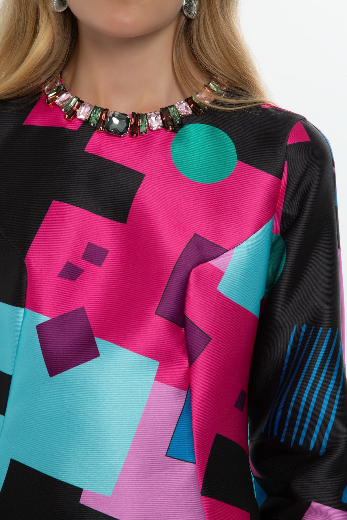 Patterned Embroidered-Collar Mini Dress