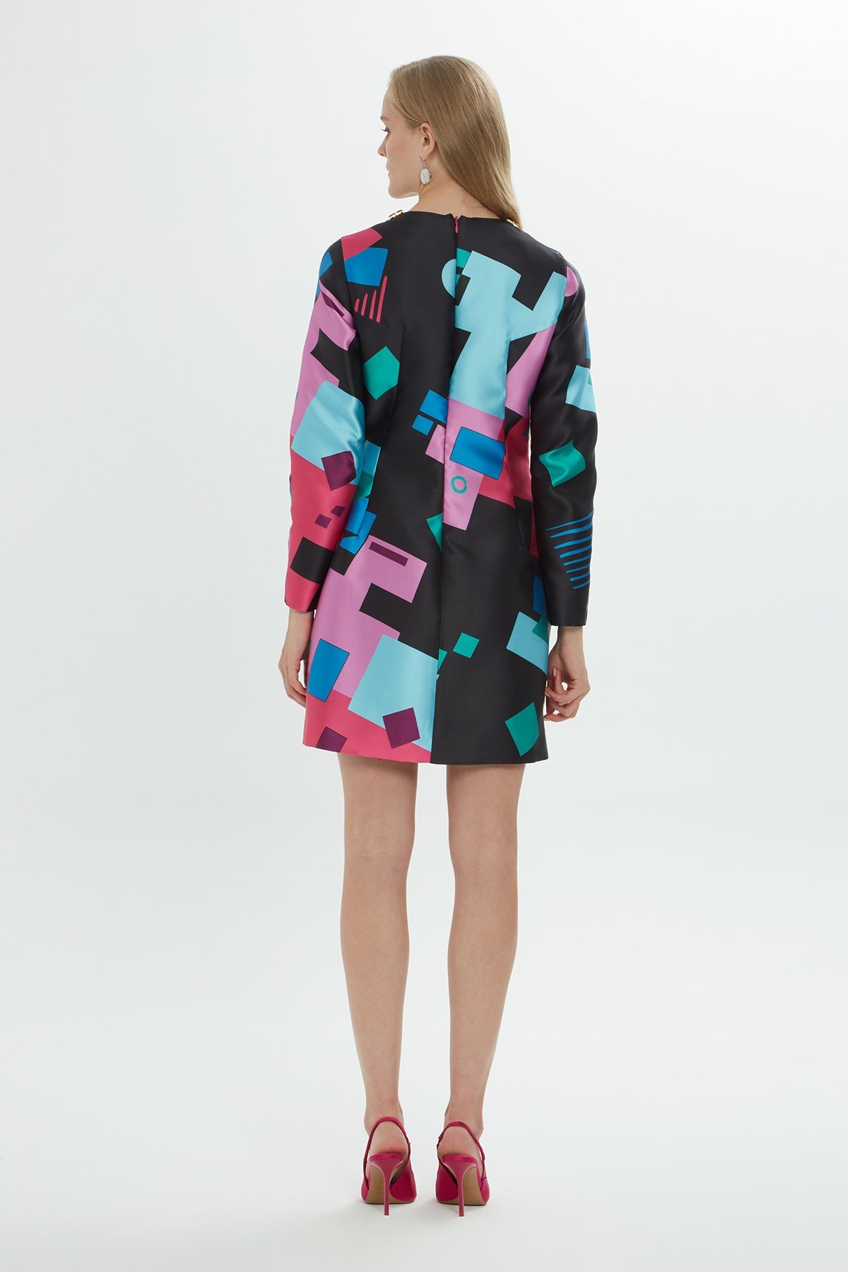 Patterned Embroidered-Collar Mini Dress