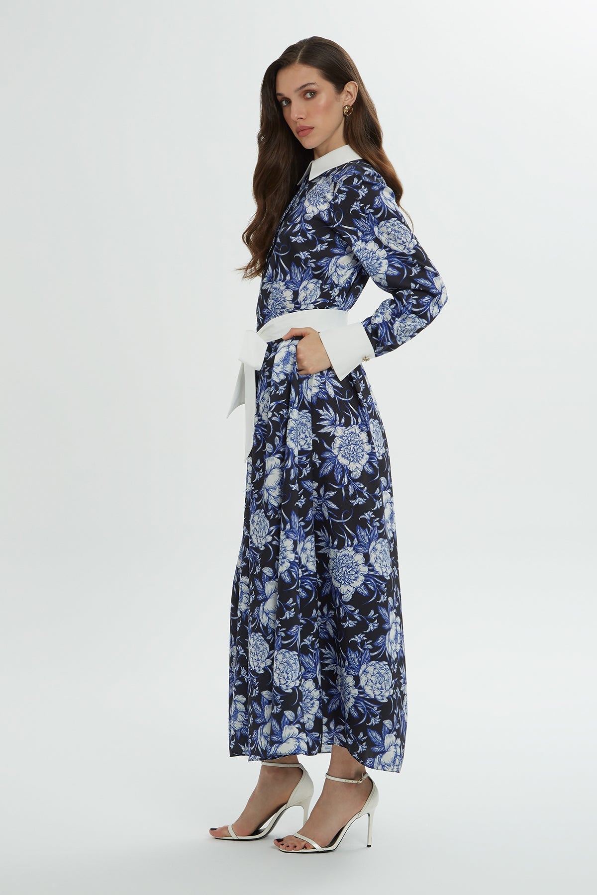 Shirt Collar Patterned Midi Dress