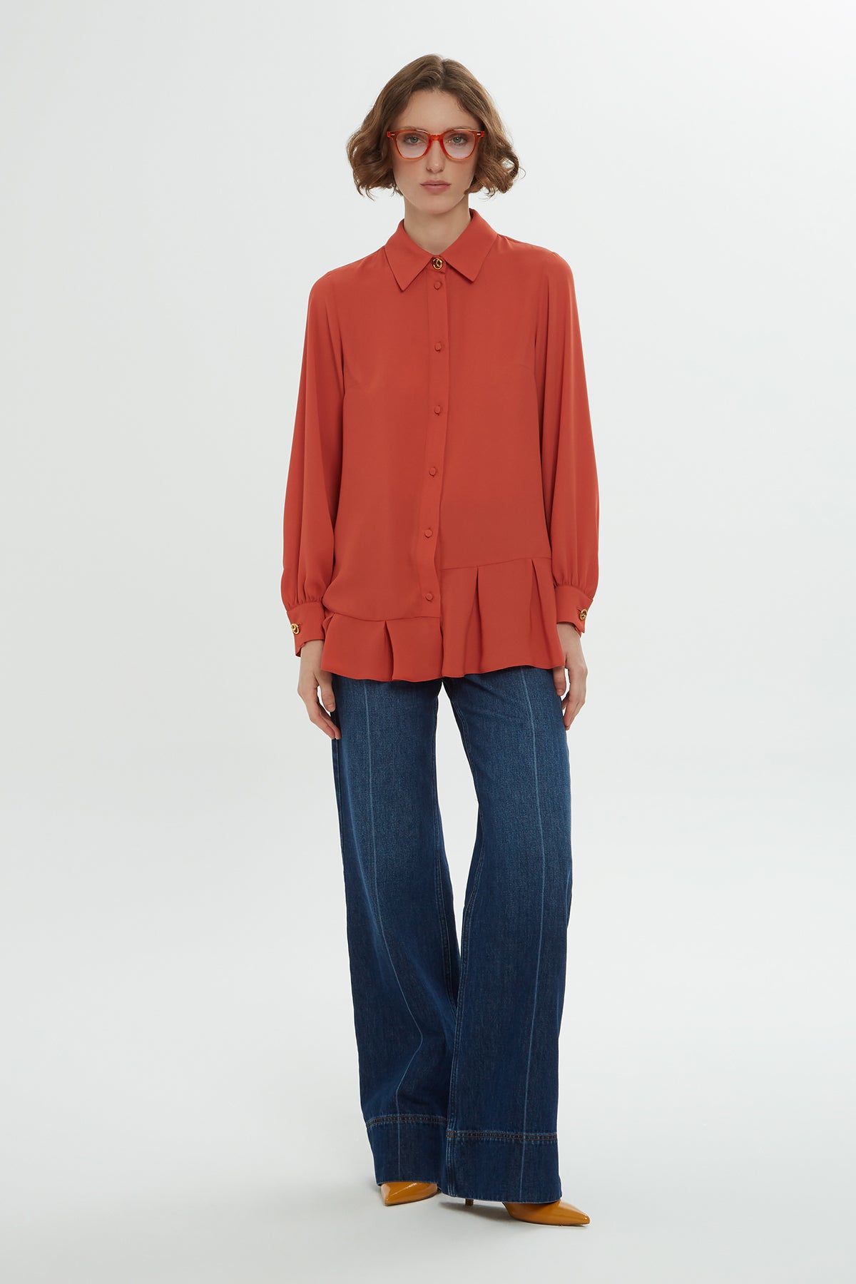 Orange Ruffled-Hem Shirt