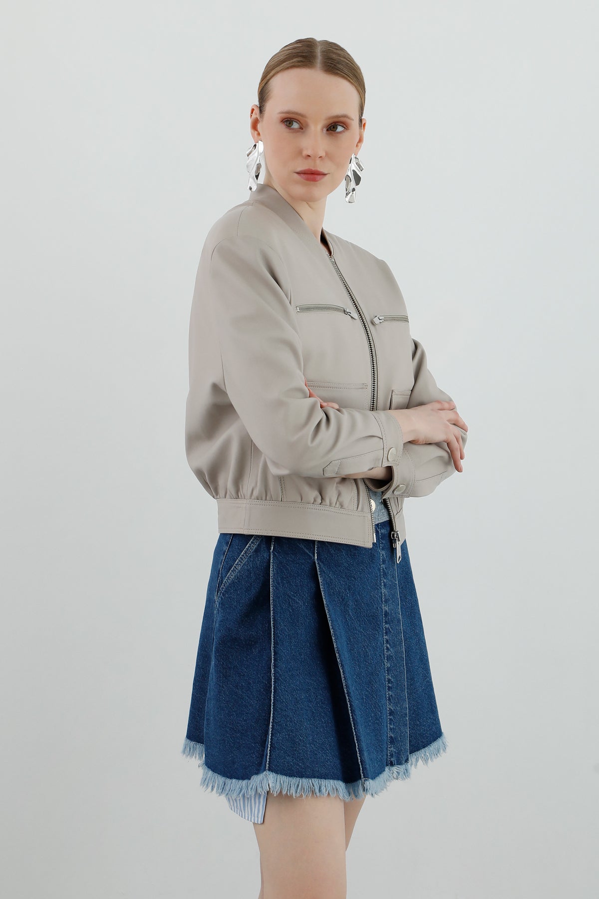 Short Leather Bomber Jacket