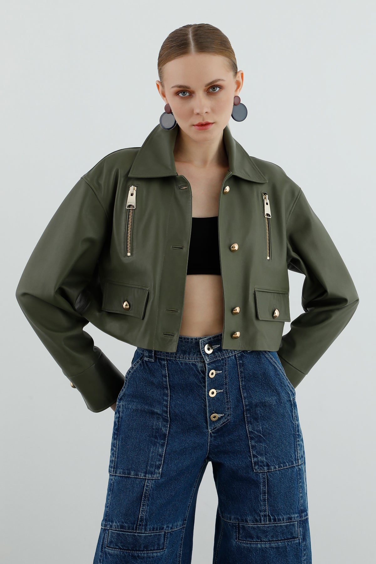 Zipper Closure Detail Leather Jacket
