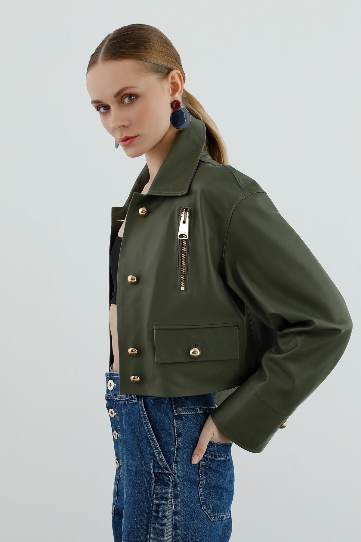 Zipper Closure Detail Leather Jacket