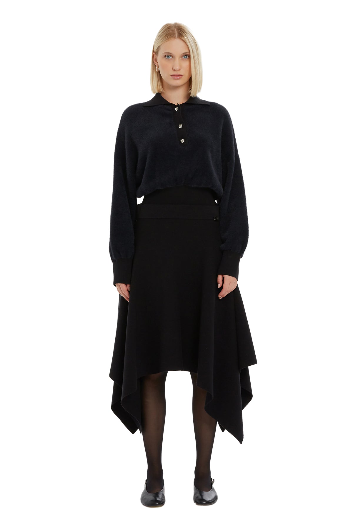 Black Asymmetric Knit Midi Skirt