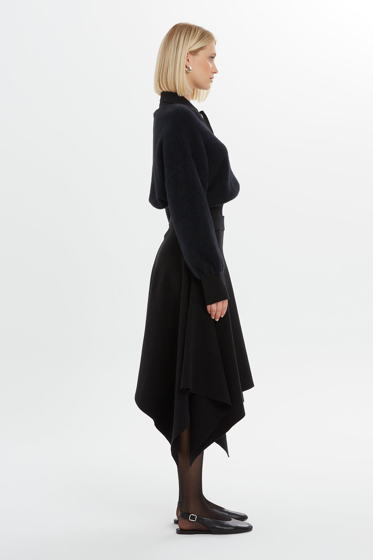 Black Asymmetric Knit Midi Skirt