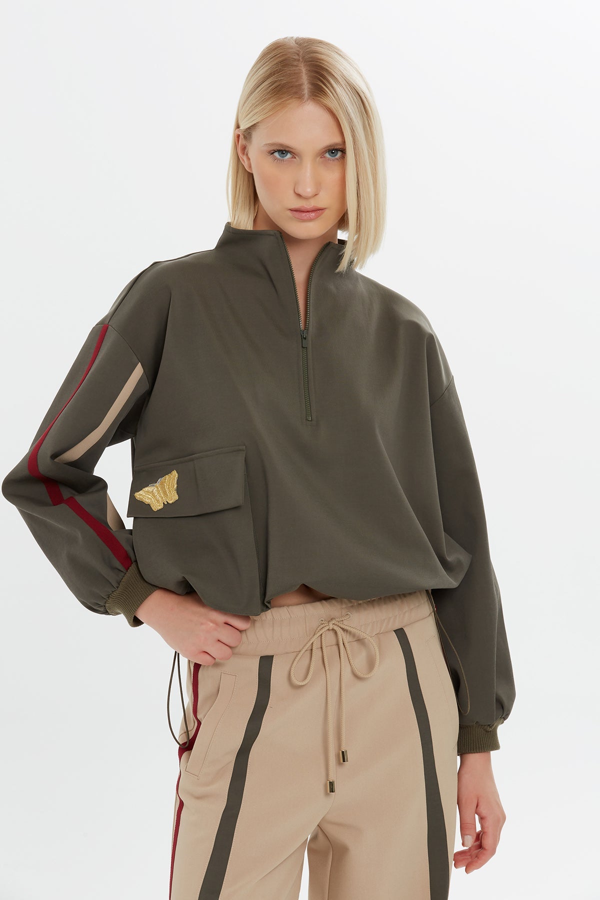 Beige Stripe-Detail Wide-Leg Sweatpants