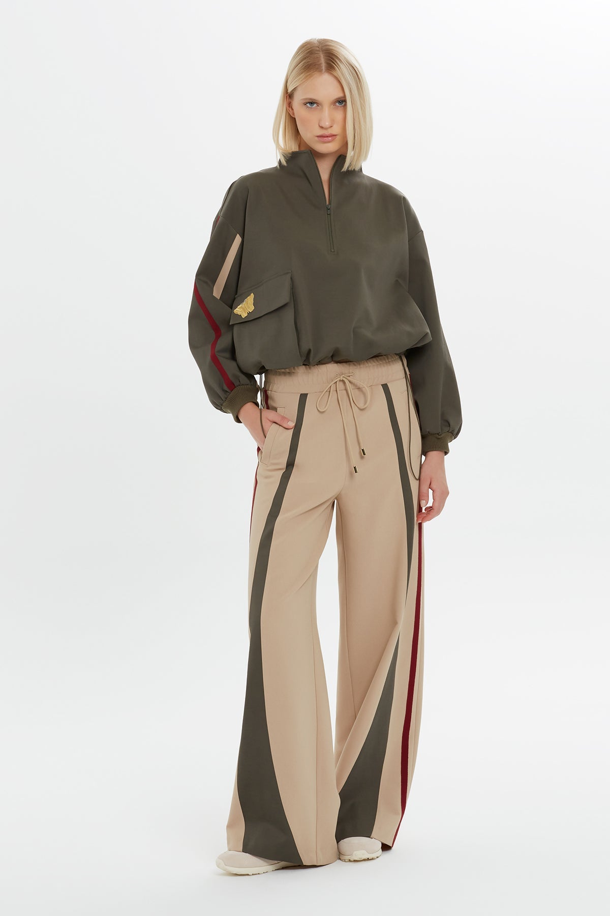 Beige Stripe-Detail Wide-Leg Sweatpants