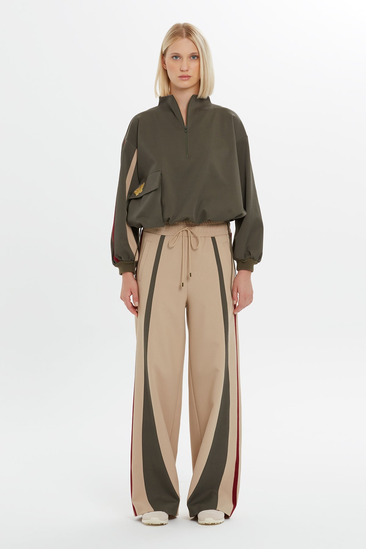 Beige Stripe-Detail Wide-Leg Sweatpants