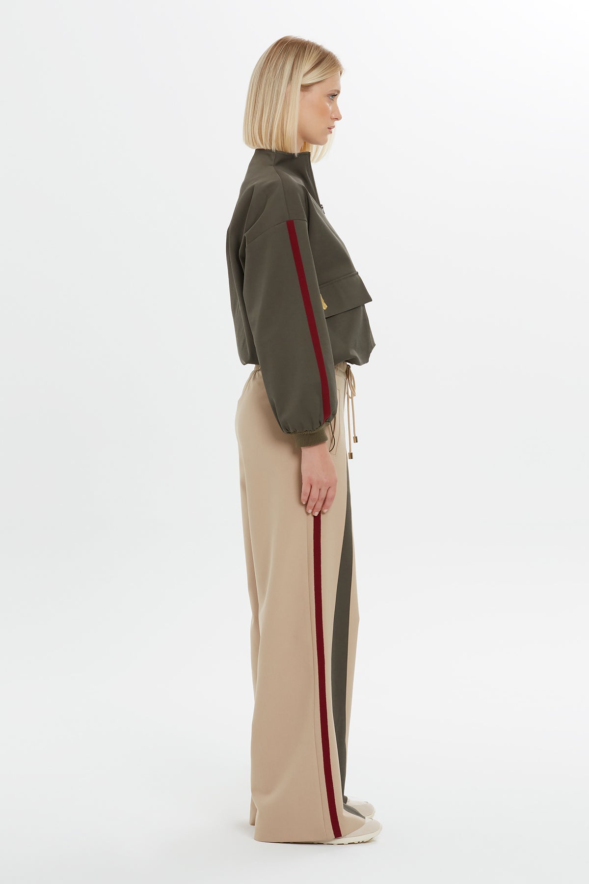 Beige Stripe-Detail Wide-Leg Sweatpants