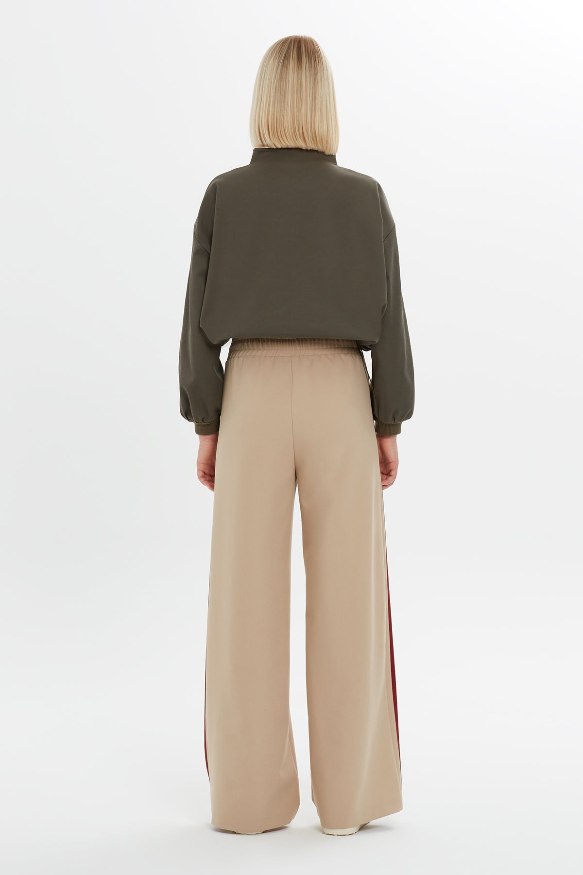 Beige Stripe-Detail Wide-Leg Sweatpants