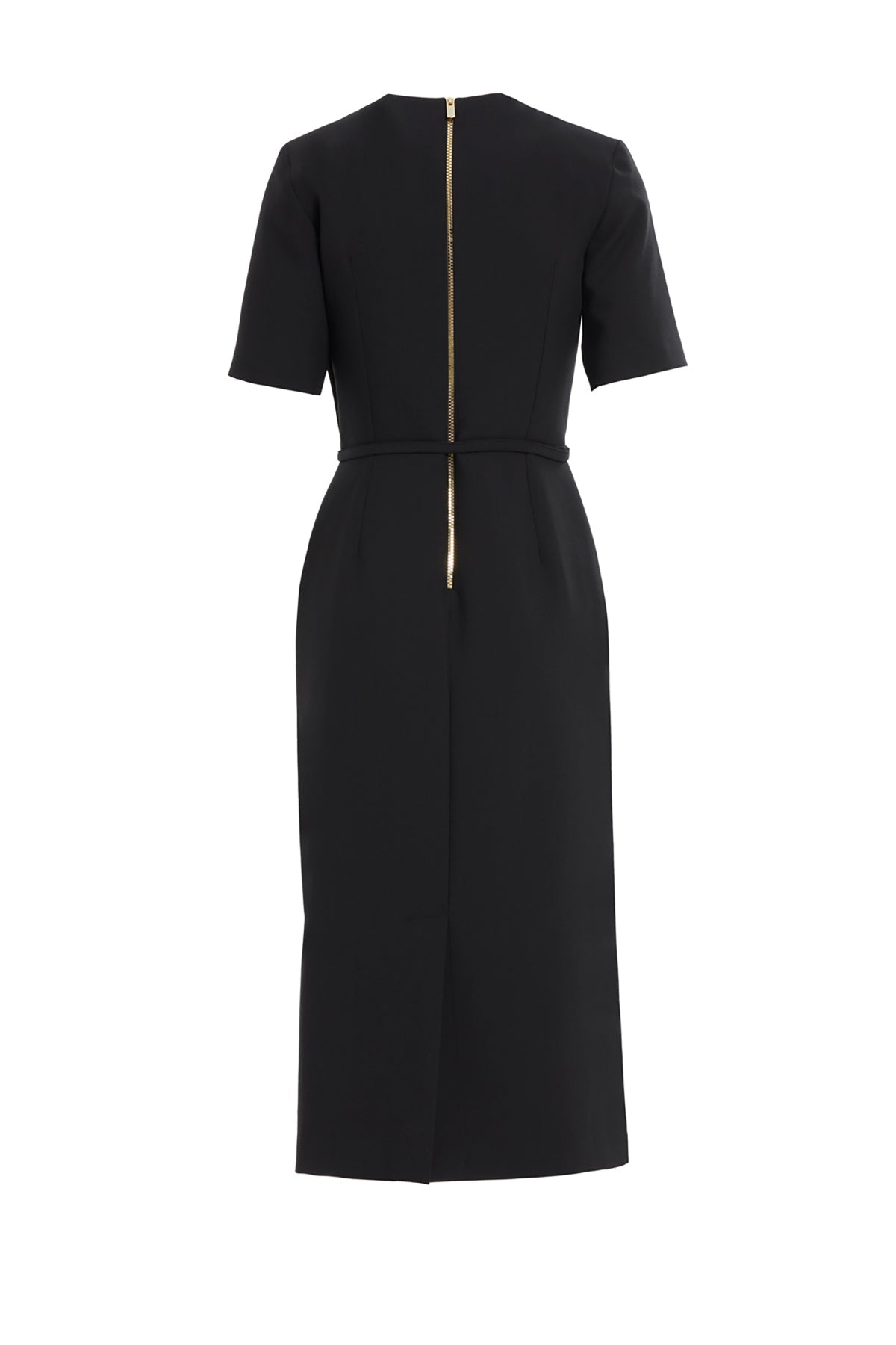 Black Short-Sleeve Belted Midi Dress